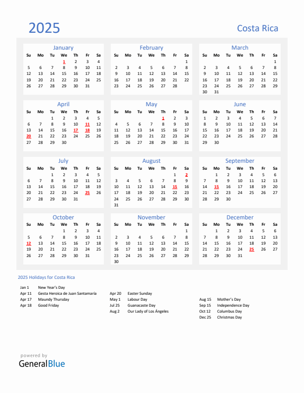 Basic Yearly Calendar with Holidays in Costa Rica for 2025 