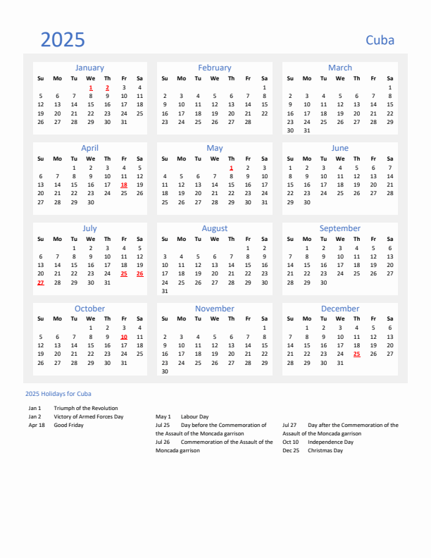 Basic Yearly Calendar with Holidays in Cuba for 2025 