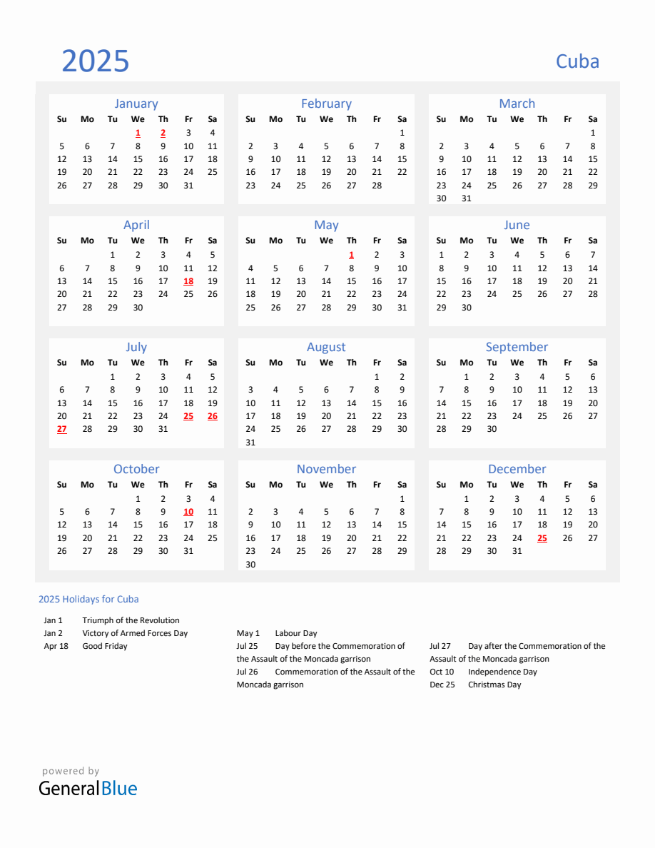 Basic Yearly Calendar with Holidays in Cuba for 2025