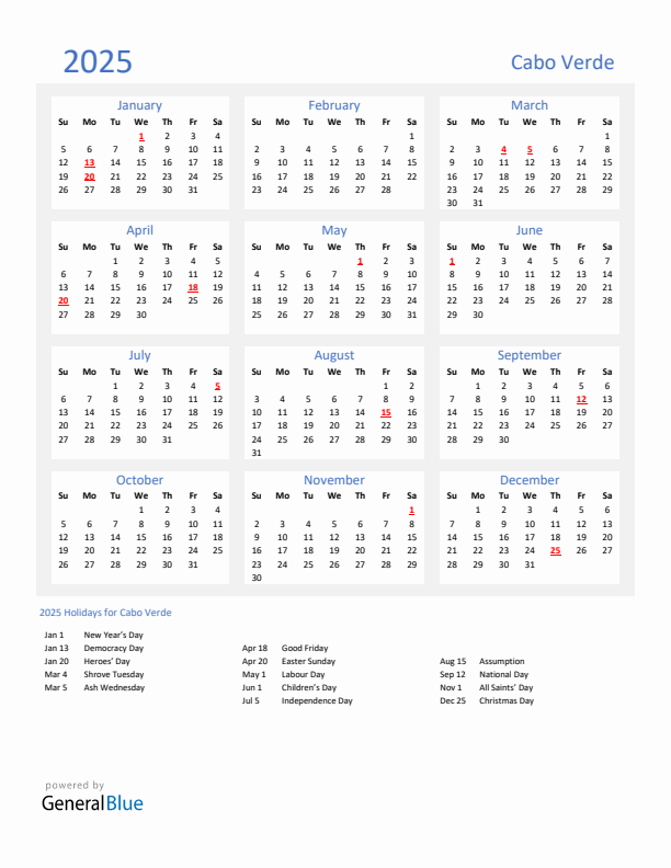 Basic Yearly Calendar with Holidays in Cabo Verde for 2025 