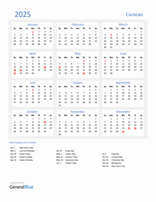 Basic Yearly Calendar with Holidays in Curacao for 2025 