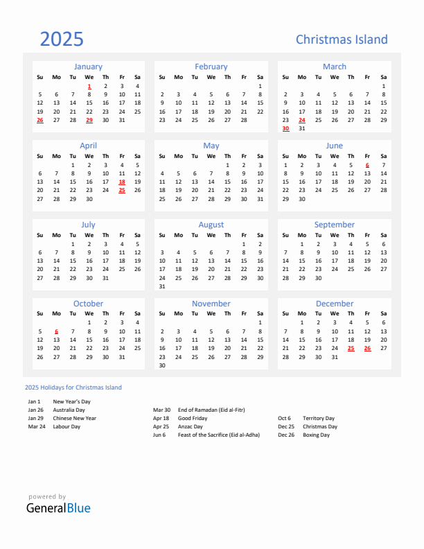 Basic Yearly Calendar with Holidays in Christmas Island for 2025 