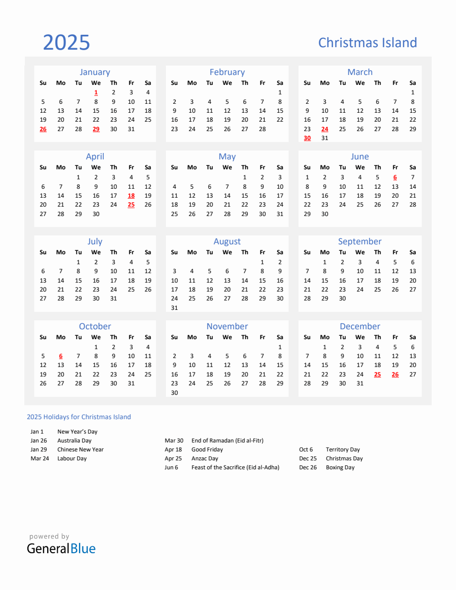 Basic Yearly Calendar with Holidays in Christmas Island for 2025