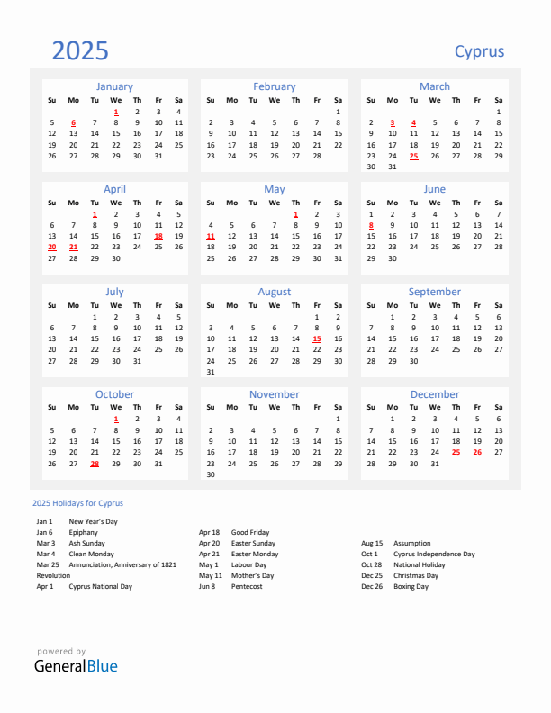 Basic Yearly Calendar with Holidays in Cyprus for 2025 