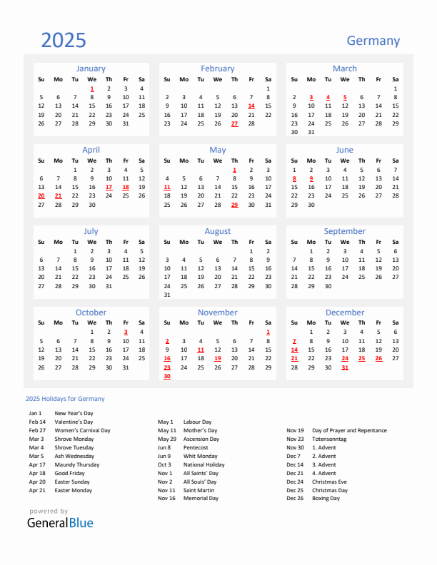 Basic Yearly Calendar with Holidays in Germany for 2025 