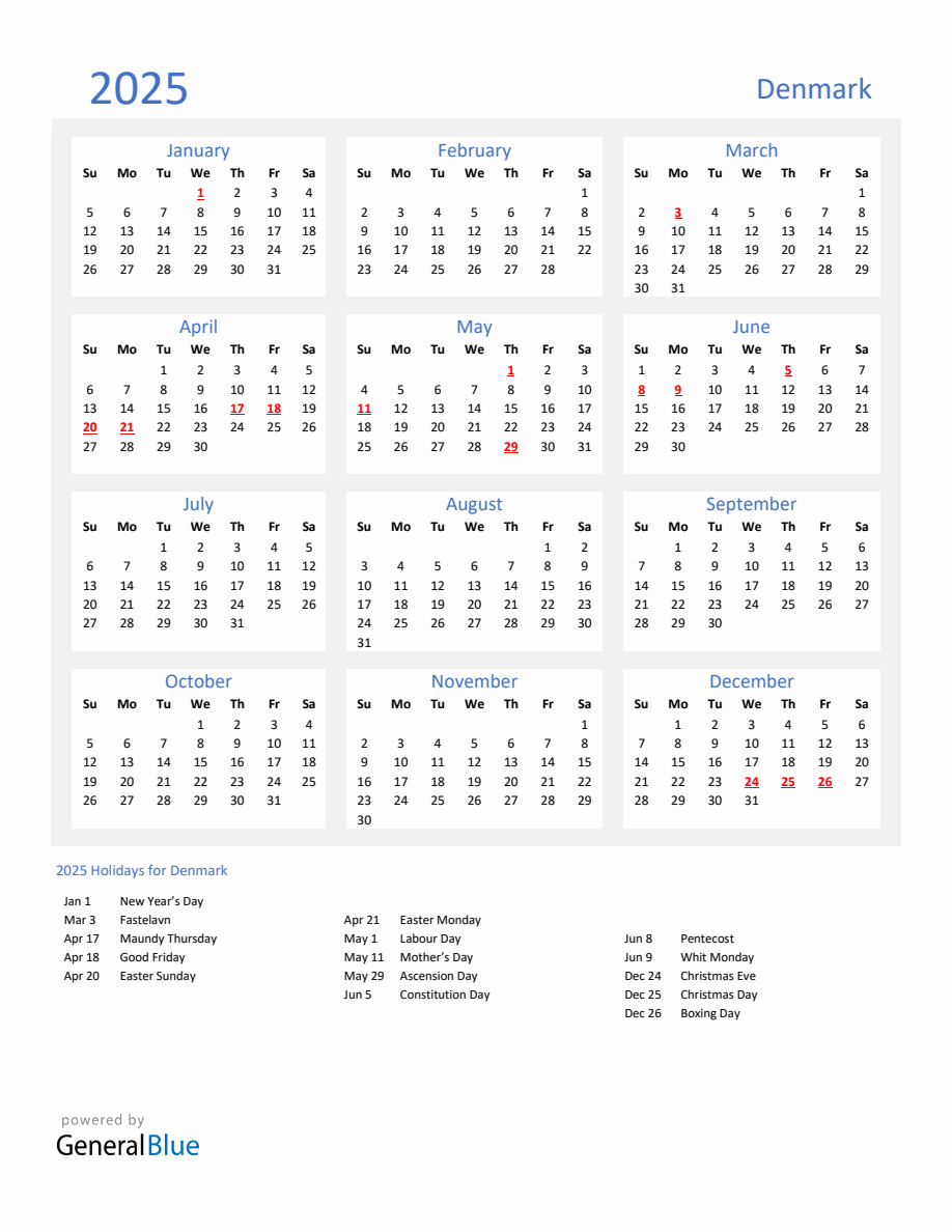 Basic Yearly Calendar with Holidays in Denmark for 2025