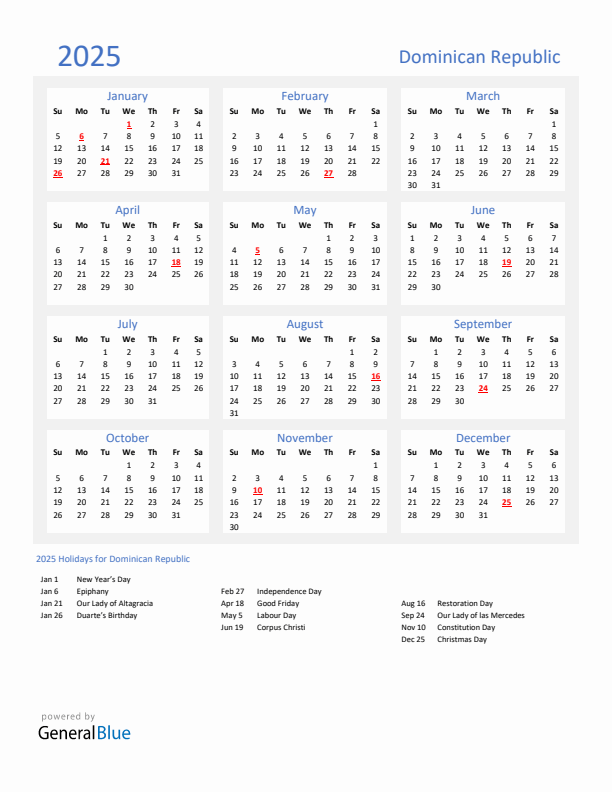 Basic Yearly Calendar with Holidays in Dominican Republic for 2025 