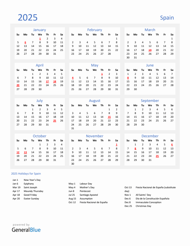 Basic Yearly Calendar with Holidays in Spain for 2025 