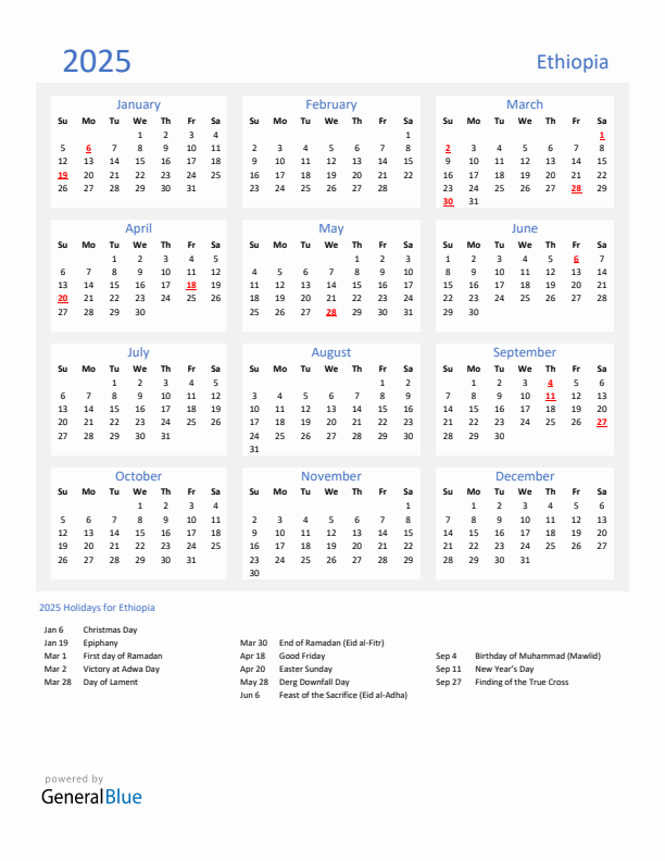 Basic Yearly Calendar with Holidays in Ethiopia for 2025 