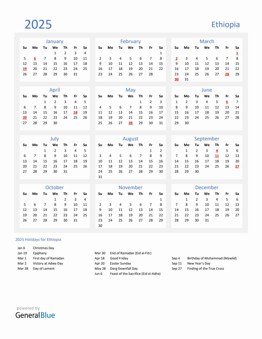 Basic Yearly Calendar with Holidays in Ethiopia for 2025