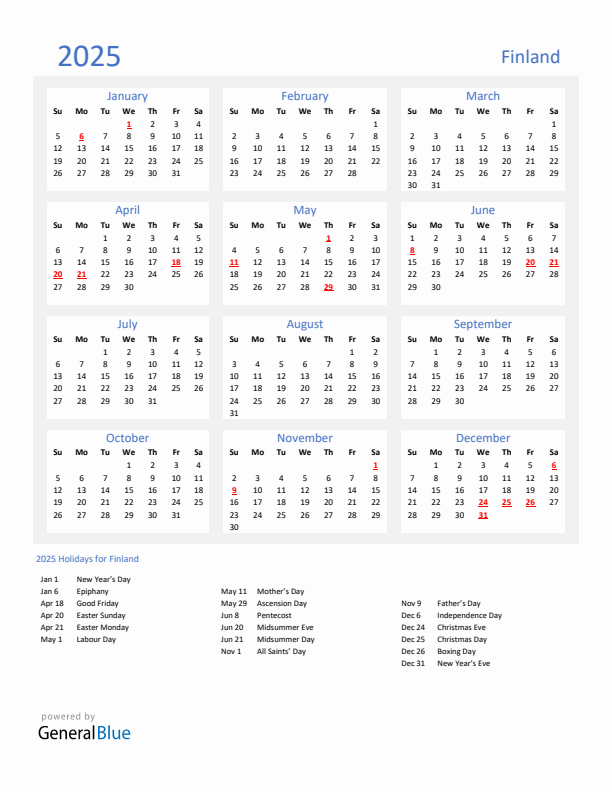Basic Yearly Calendar with Holidays in Finland for 2025 