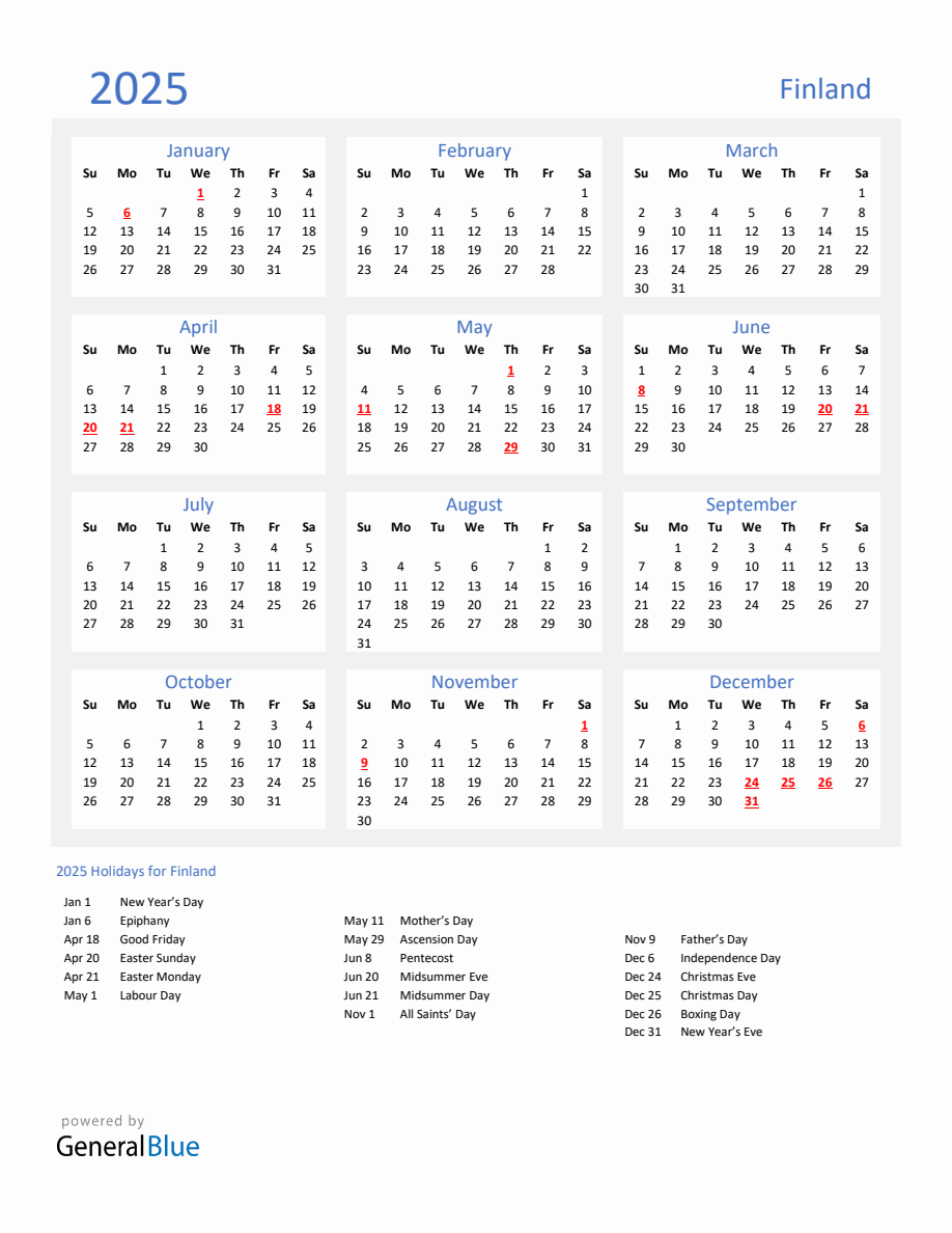 Basic Yearly Calendar with Holidays in Finland for 2025