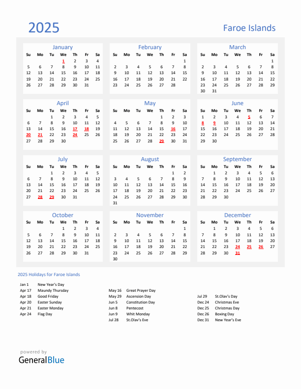 Basic Yearly Calendar with Holidays in Faroe Islands for 2025 