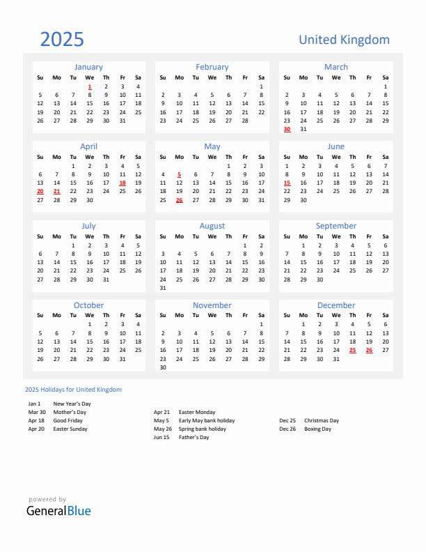 Basic Yearly Calendar with Holidays in United Kingdom for 2025 