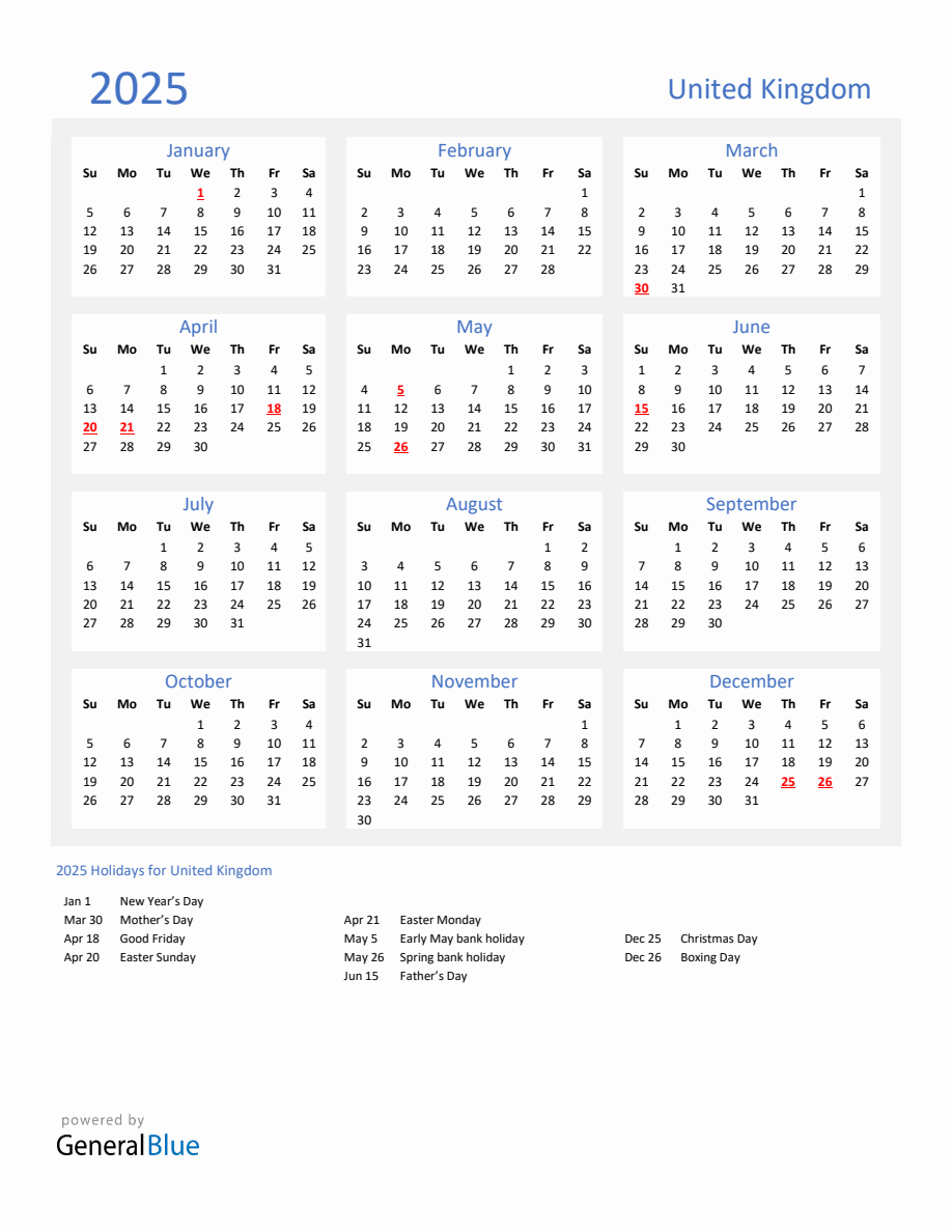 Basic Yearly Calendar with Holidays in United Kingdom for 2025