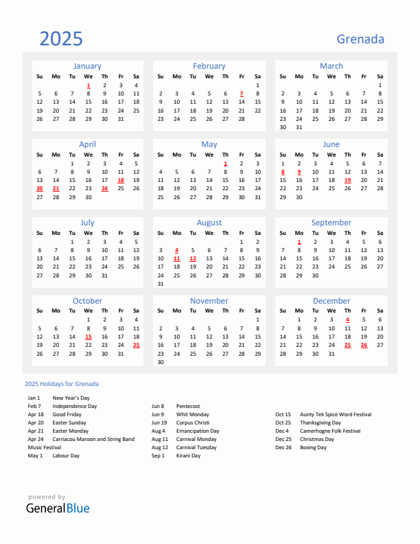 Basic Yearly Calendar with Holidays in Grenada for 2025 