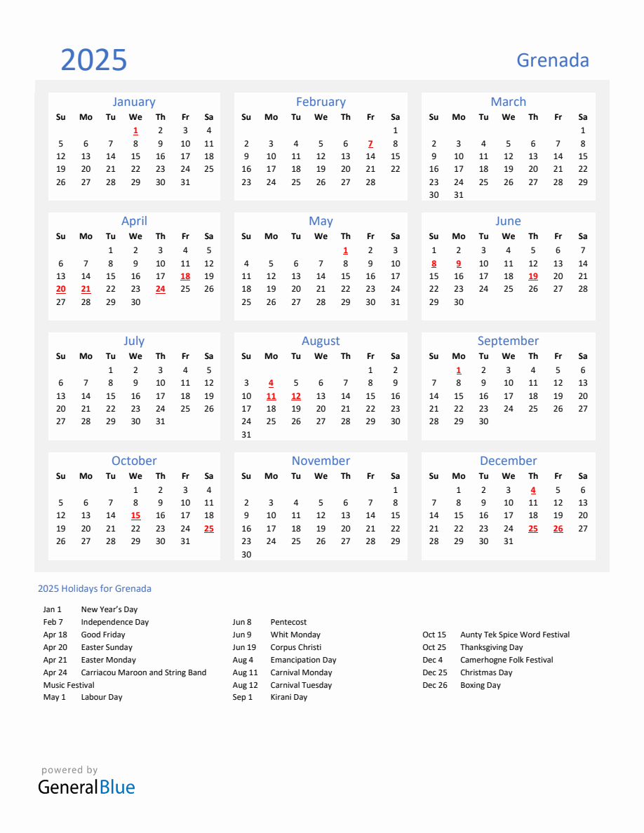 Basic Yearly Calendar with Holidays in Grenada for 2025