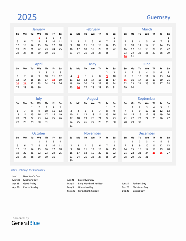 Basic Yearly Calendar with Holidays in Guernsey for 2025 