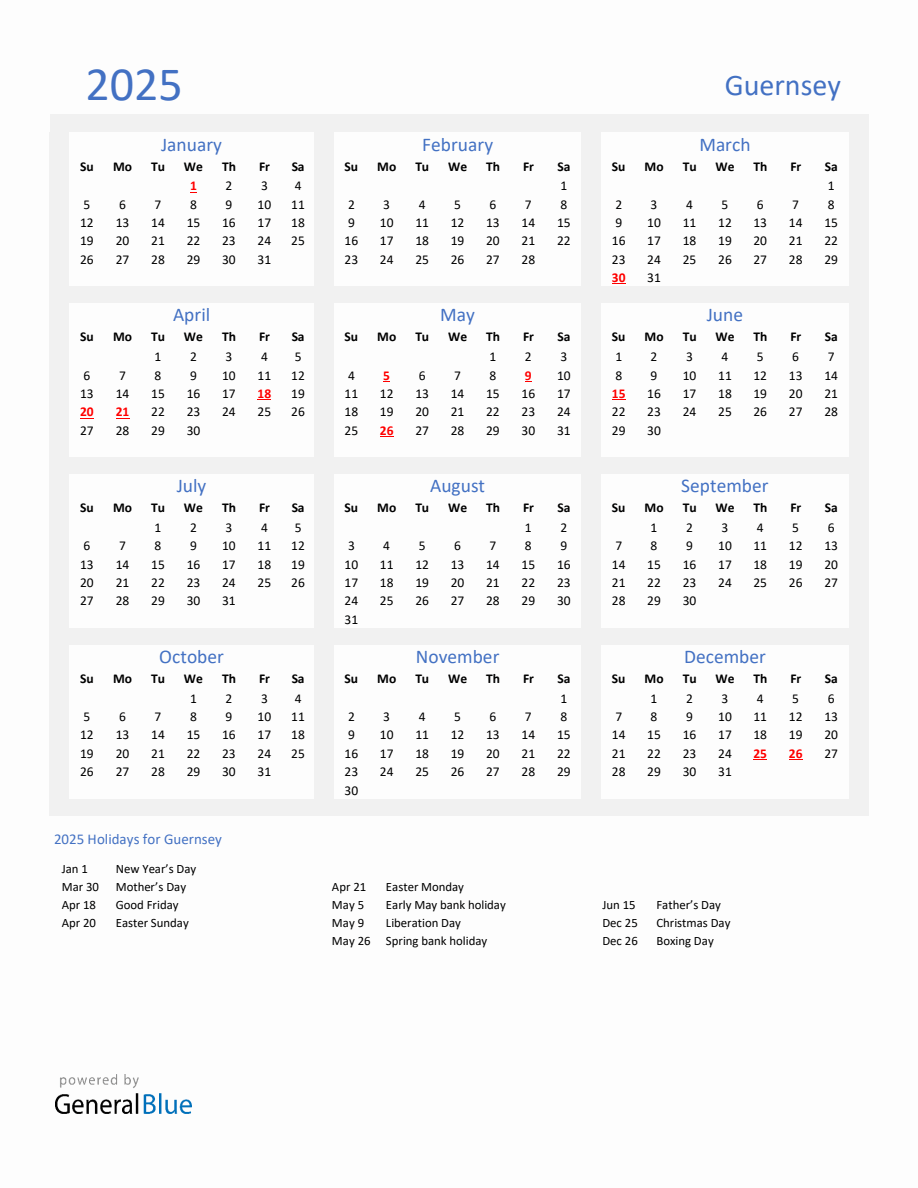 Basic Yearly Calendar with Holidays in Guernsey for 2025