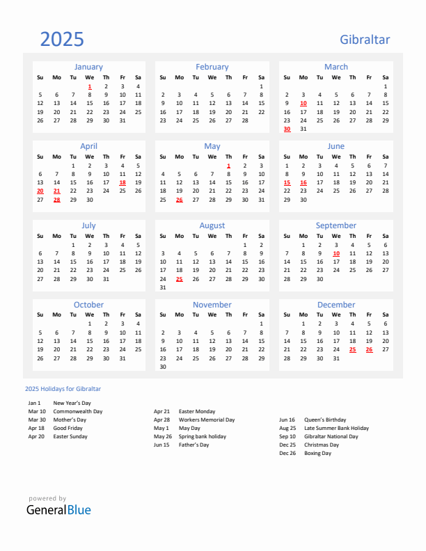 Basic Yearly Calendar with Holidays in Gibraltar for 2025 