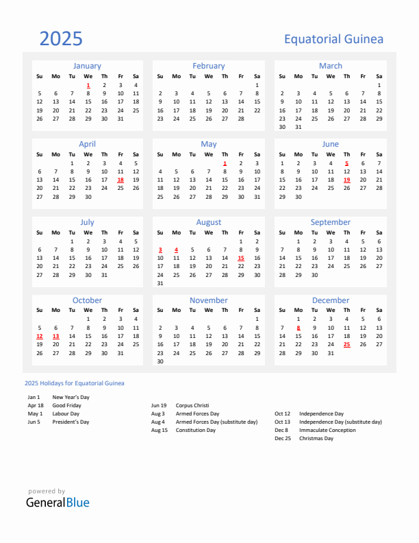 Basic Yearly Calendar with Holidays in Equatorial Guinea for 2025 