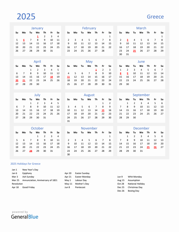 Basic Yearly Calendar with Holidays in Greece for 2025 