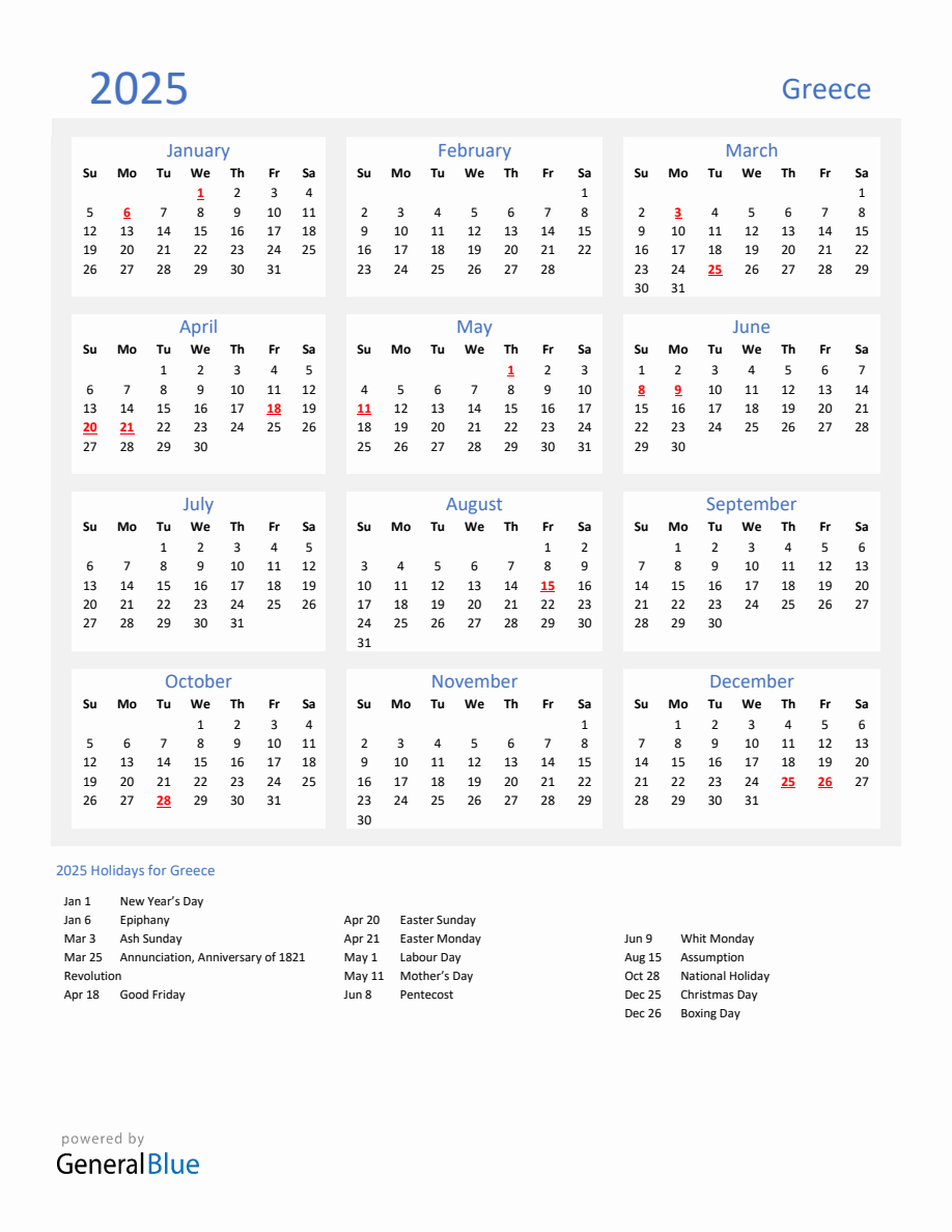 Basic Yearly Calendar with Holidays in Greece for 2025