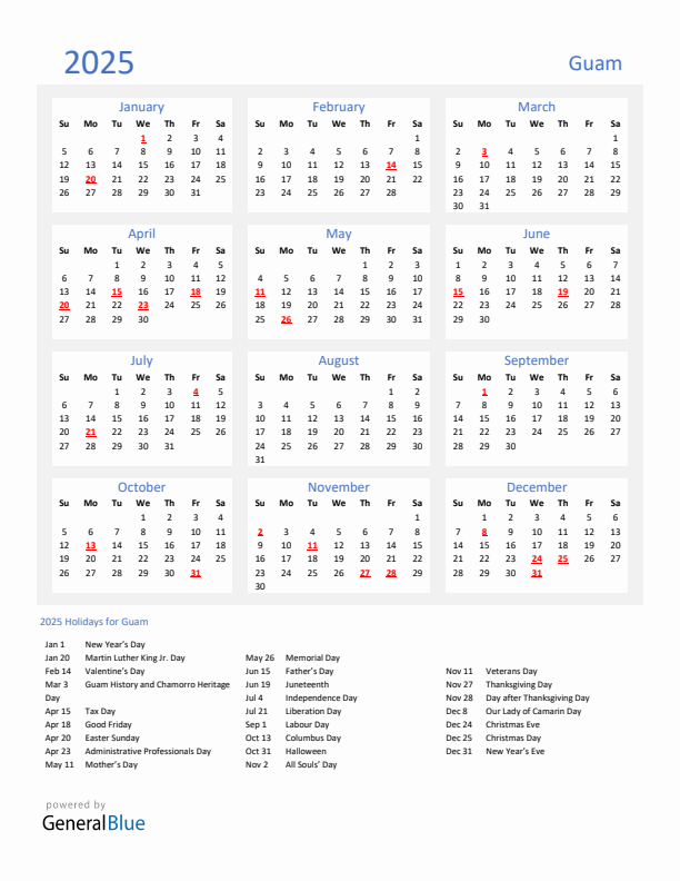 Basic Yearly Calendar with Holidays in Guam for 2025 