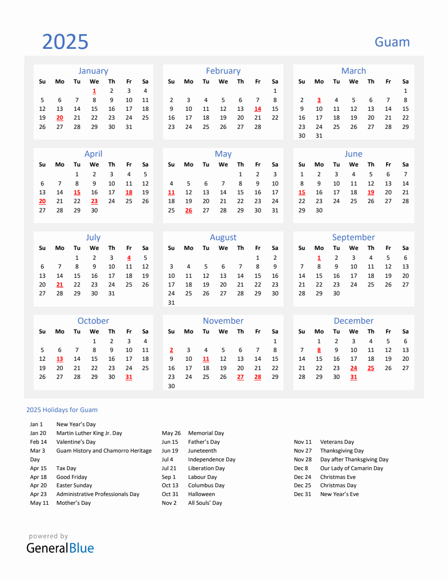 Basic Yearly Calendar with Holidays in Guam for 2025