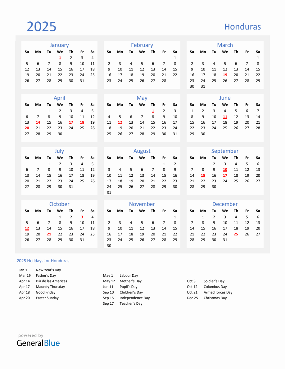 Basic Yearly Calendar with Holidays in Honduras for 2025