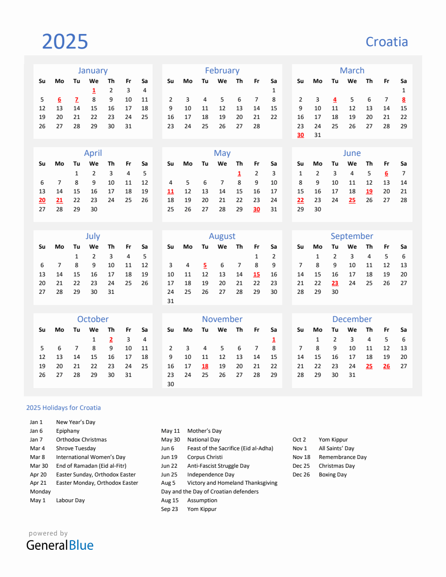 Basic Yearly Calendar with Holidays in Croatia for 2025