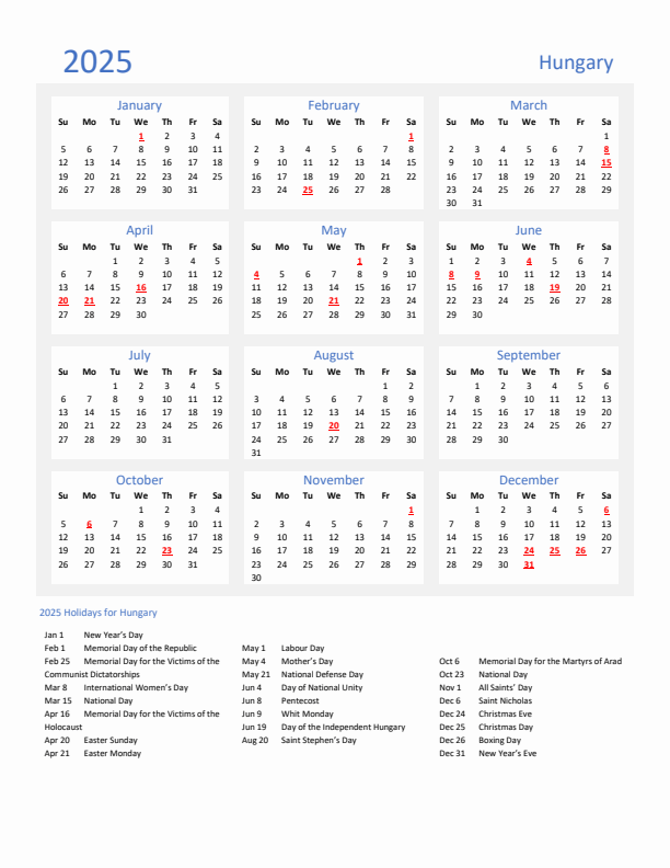Basic Yearly Calendar with Holidays in Hungary for 2025 