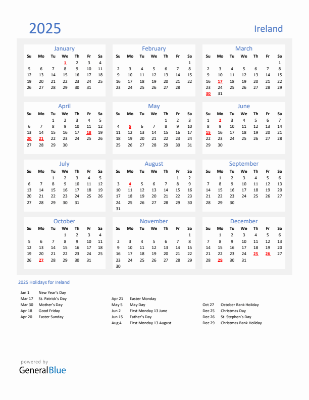 Basic Yearly Calendar with Holidays in Ireland for 2025 