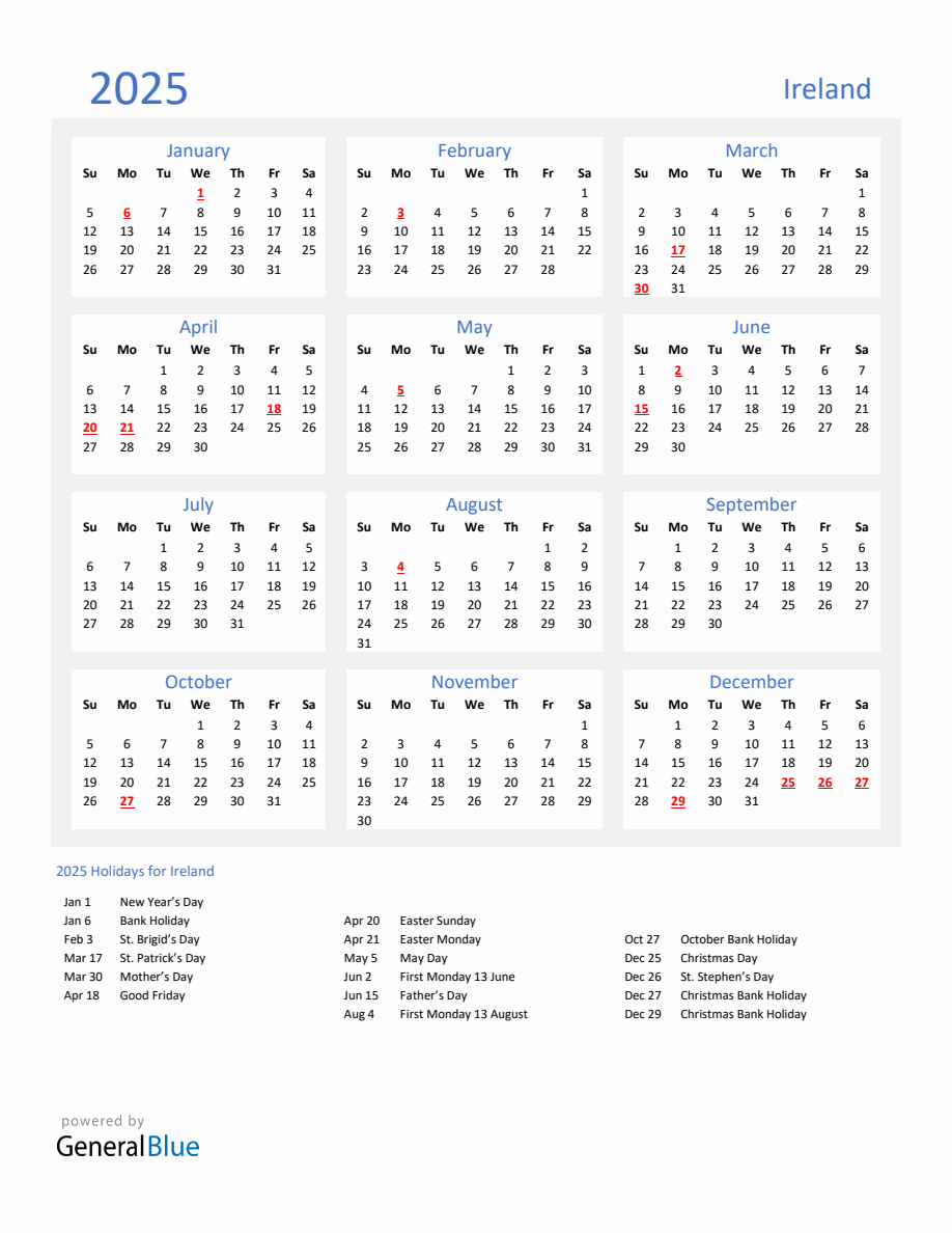 Basic Yearly Calendar with Holidays in Ireland for 2025