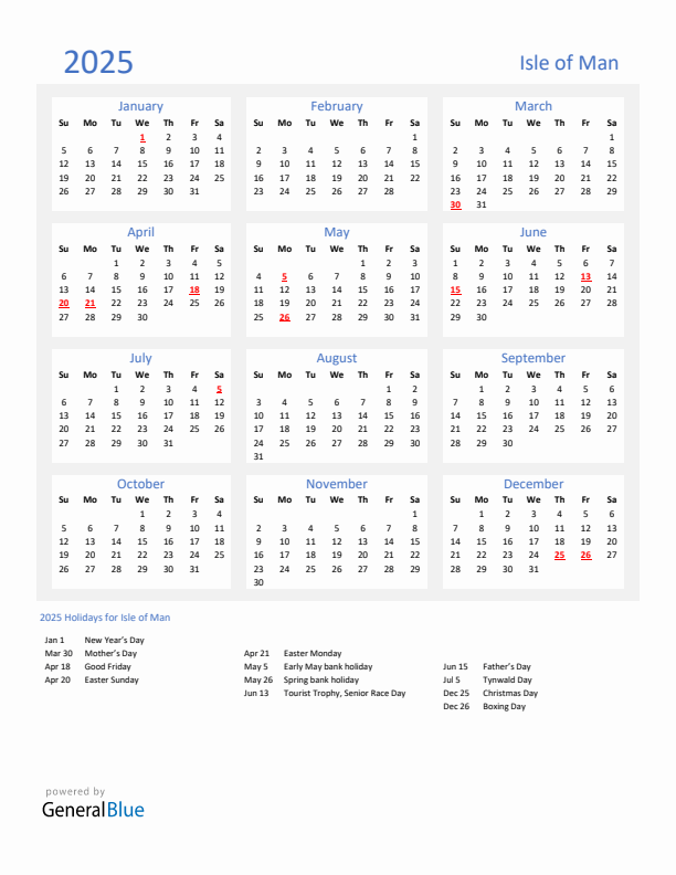 Basic Yearly Calendar with Holidays in Isle of Man for 2025 