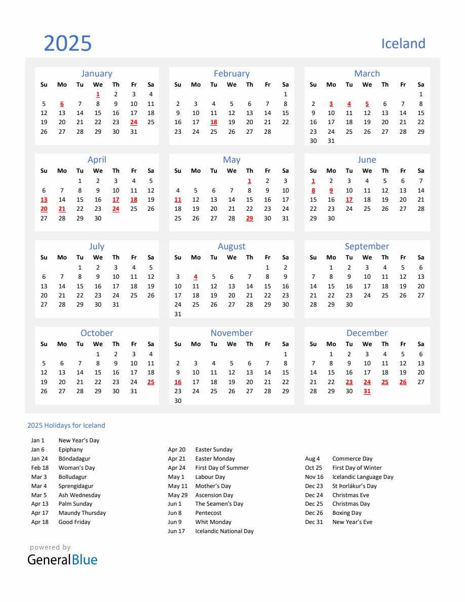 Basic Yearly Calendar with Holidays in Iceland for 2025