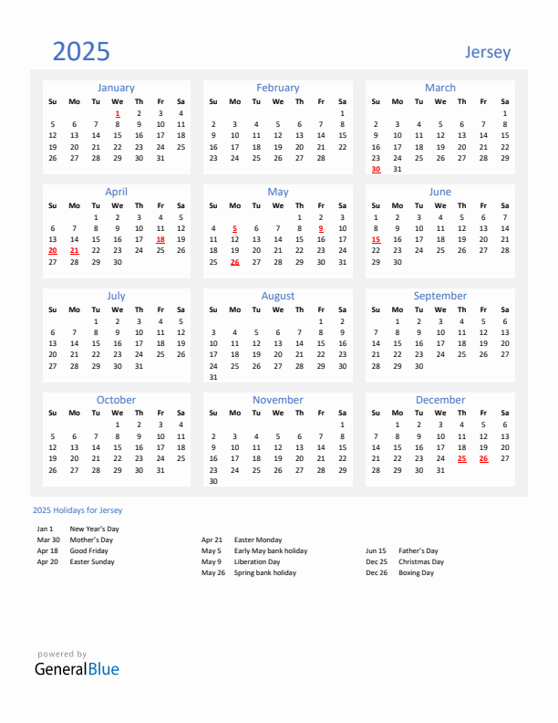 Basic Yearly Calendar with Holidays in Jersey for 2025 