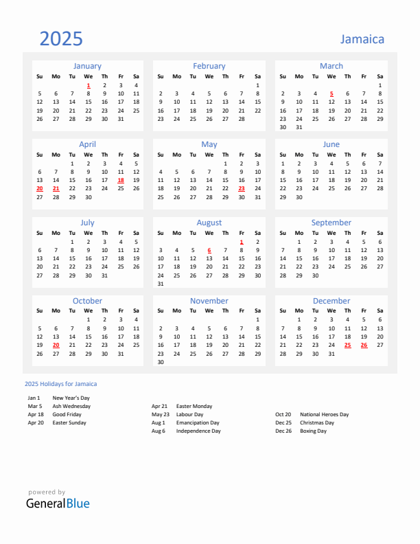 Basic Yearly Calendar with Holidays in Jamaica for 2025 