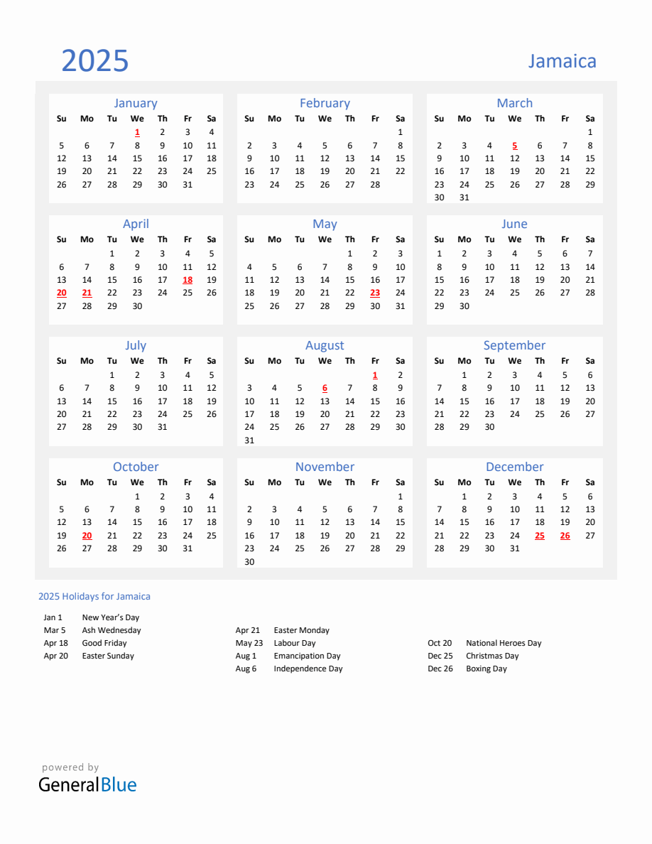 Basic Yearly Calendar with Holidays in Jamaica for 2025