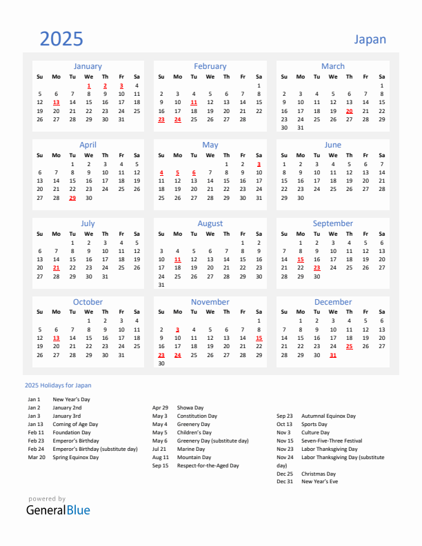 Basic Yearly Calendar with Holidays in Japan for 2025 