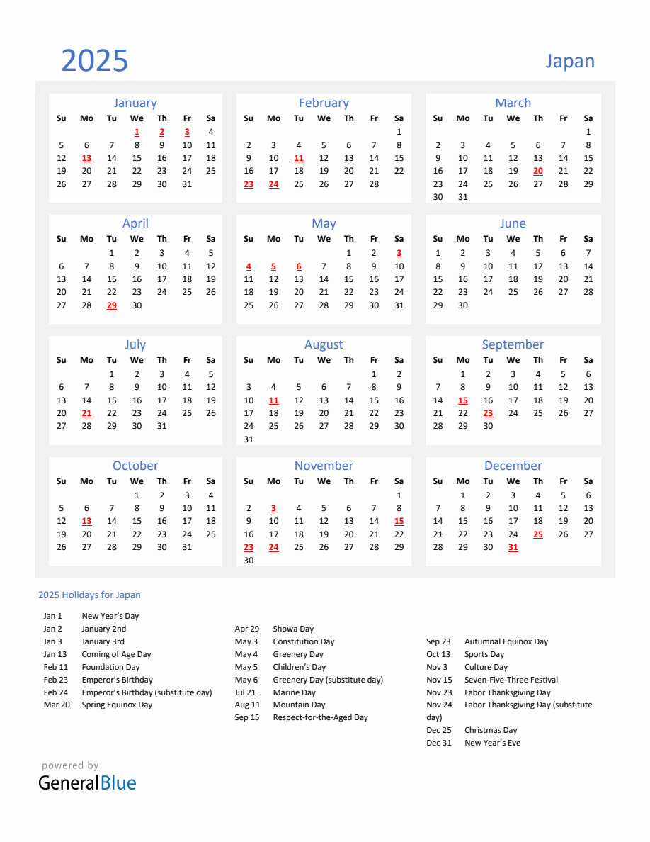 Basic Yearly Calendar with Holidays in Japan for 2025