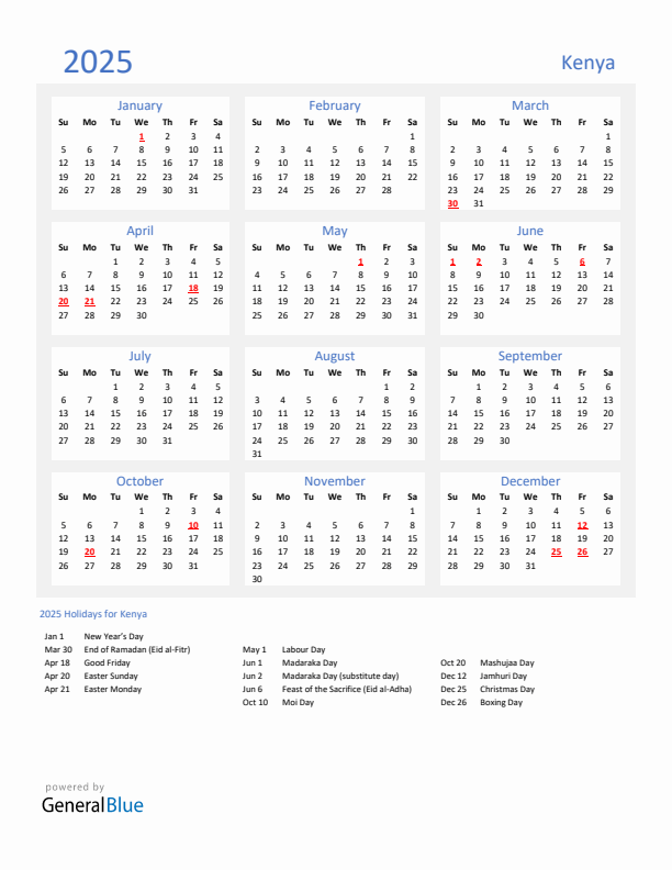 Basic Yearly Calendar with Holidays in Kenya for 2025 