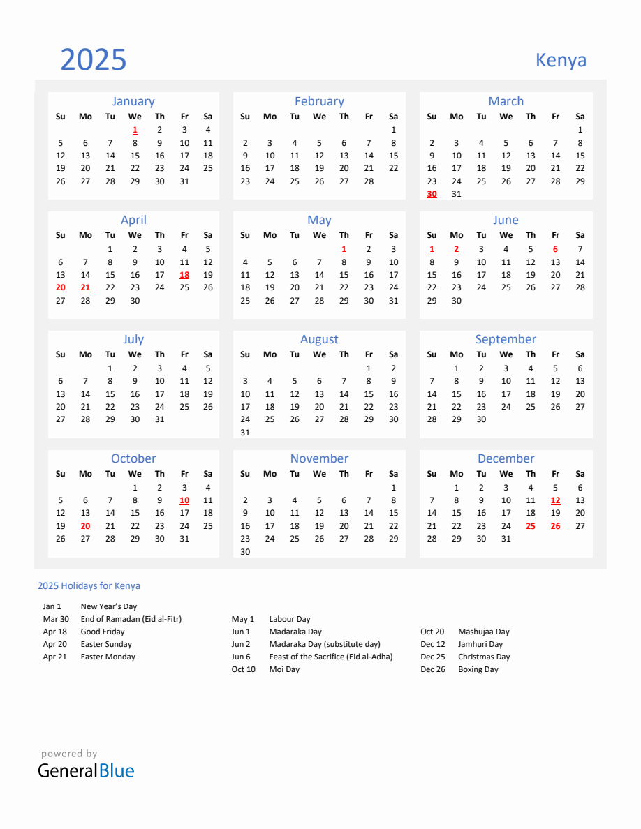 Basic Yearly Calendar with Holidays in Kenya for 2025