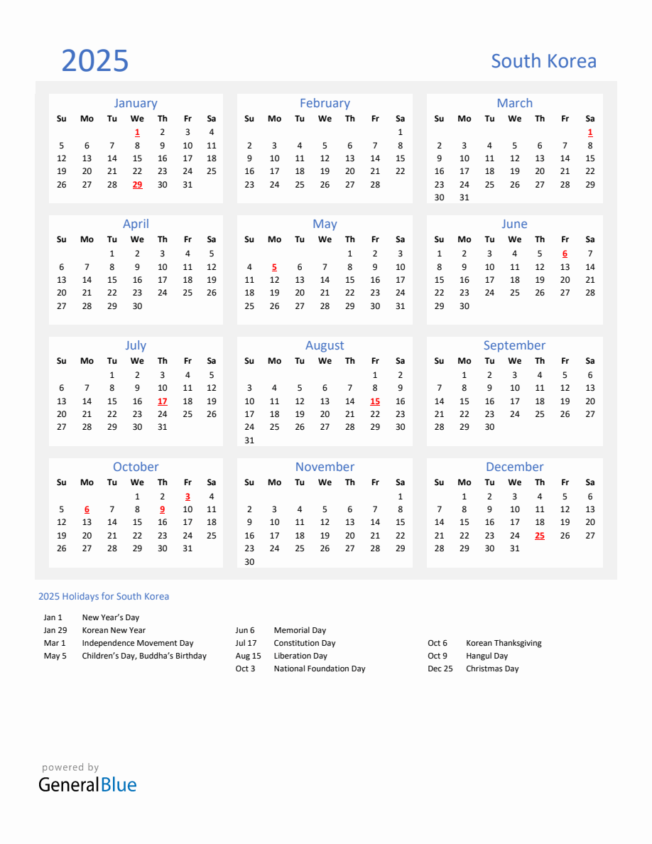 Basic Yearly Calendar with Holidays in South Korea for 2025