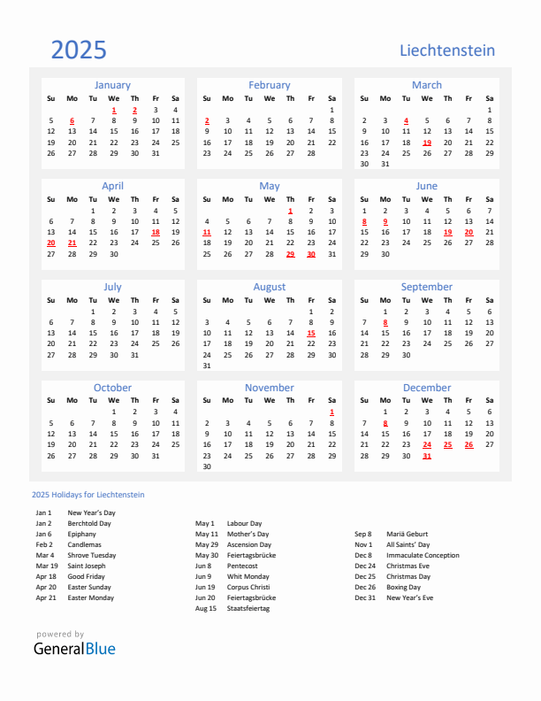 Basic Yearly Calendar with Holidays in Liechtenstein for 2025 