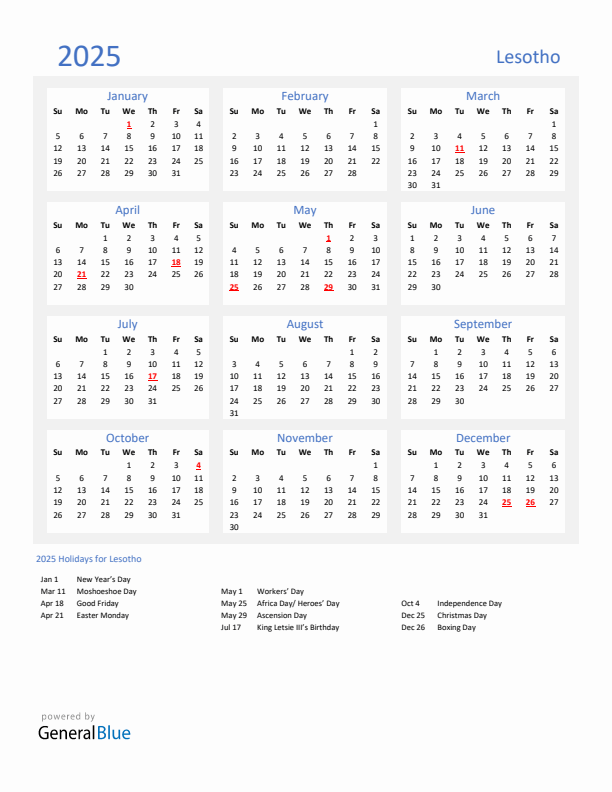 Basic Yearly Calendar with Holidays in Lesotho for 2025 