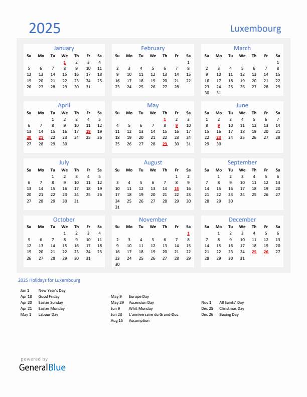 Basic Yearly Calendar with Holidays in Luxembourg for 2025 