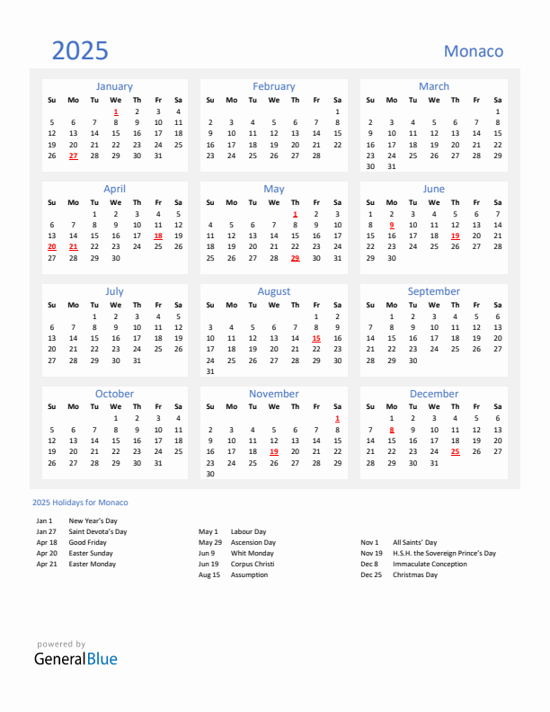 Basic Yearly Calendar with Holidays in Monaco for 2025 