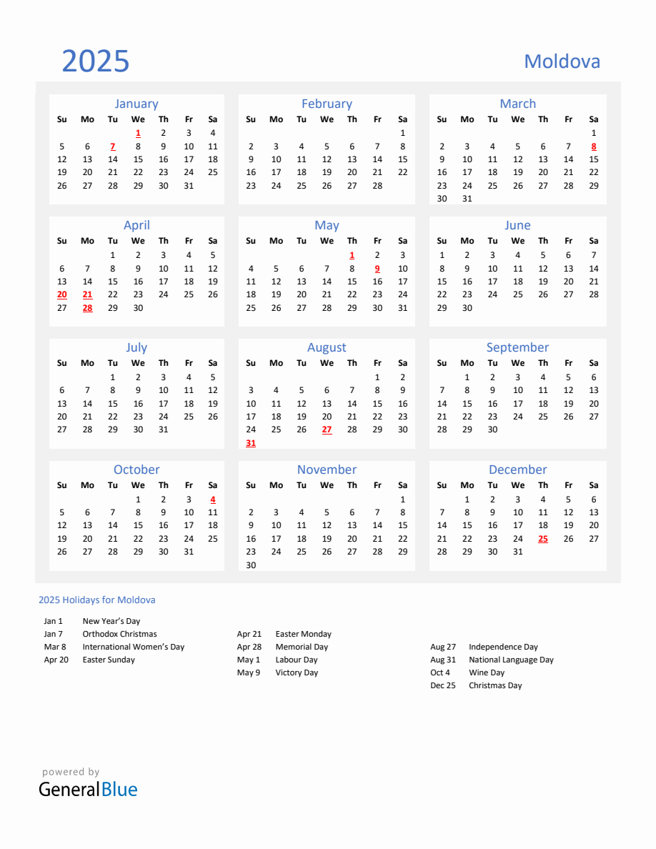 Basic Yearly Calendar with Holidays in Moldova for 2025