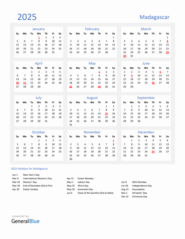Basic Yearly Calendar with Holidays in Madagascar for 2025 